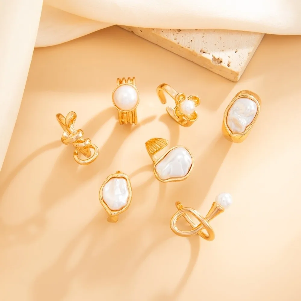 Baroque Imitate Pearl Ring Set Flower Outline Ins Sweet Cool Tone Metal Ornament Multi Stack Layout Geometric Mold