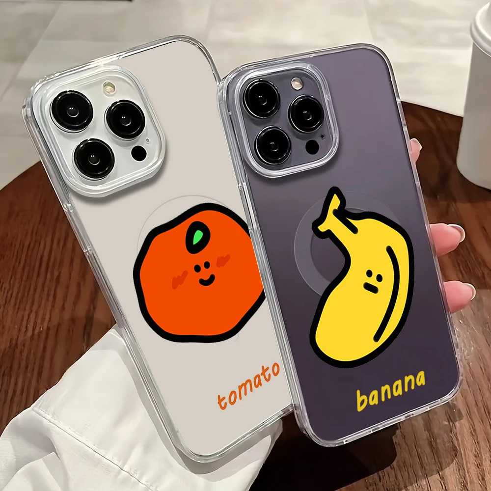 Cartoon Tomato Banana Phone Case For iPhone 11 12 13 14 15 16 Pro Max Plus Magesafe Magnetic Transparent Charge Soft Shell