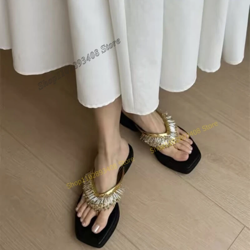 Gold Tassels Decor Flip Flops Slippers Square Toe Flat with Slip on Women Shoes 2023 Summer Fashion Concise Zapatos Para Mujere