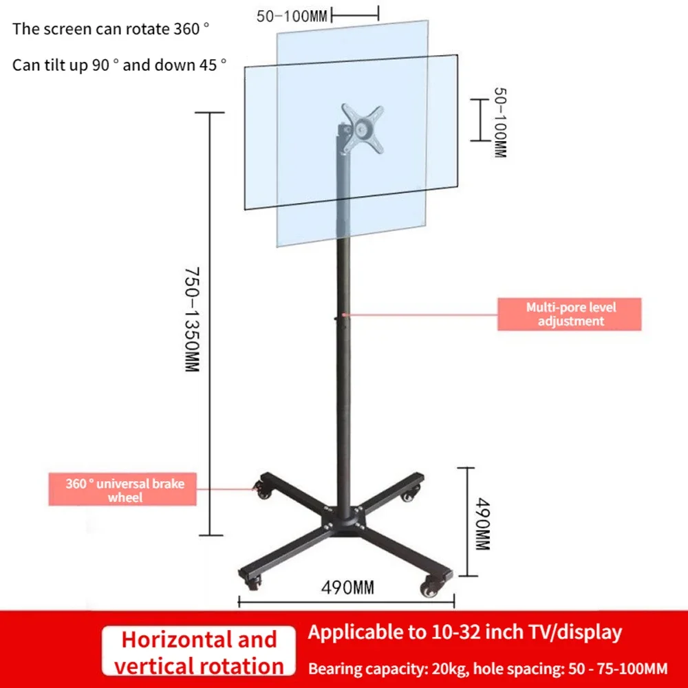 10-32 inch TV mobile trolley horizontal and vertical screen rotating live broadcast machine bracket universal floor stand