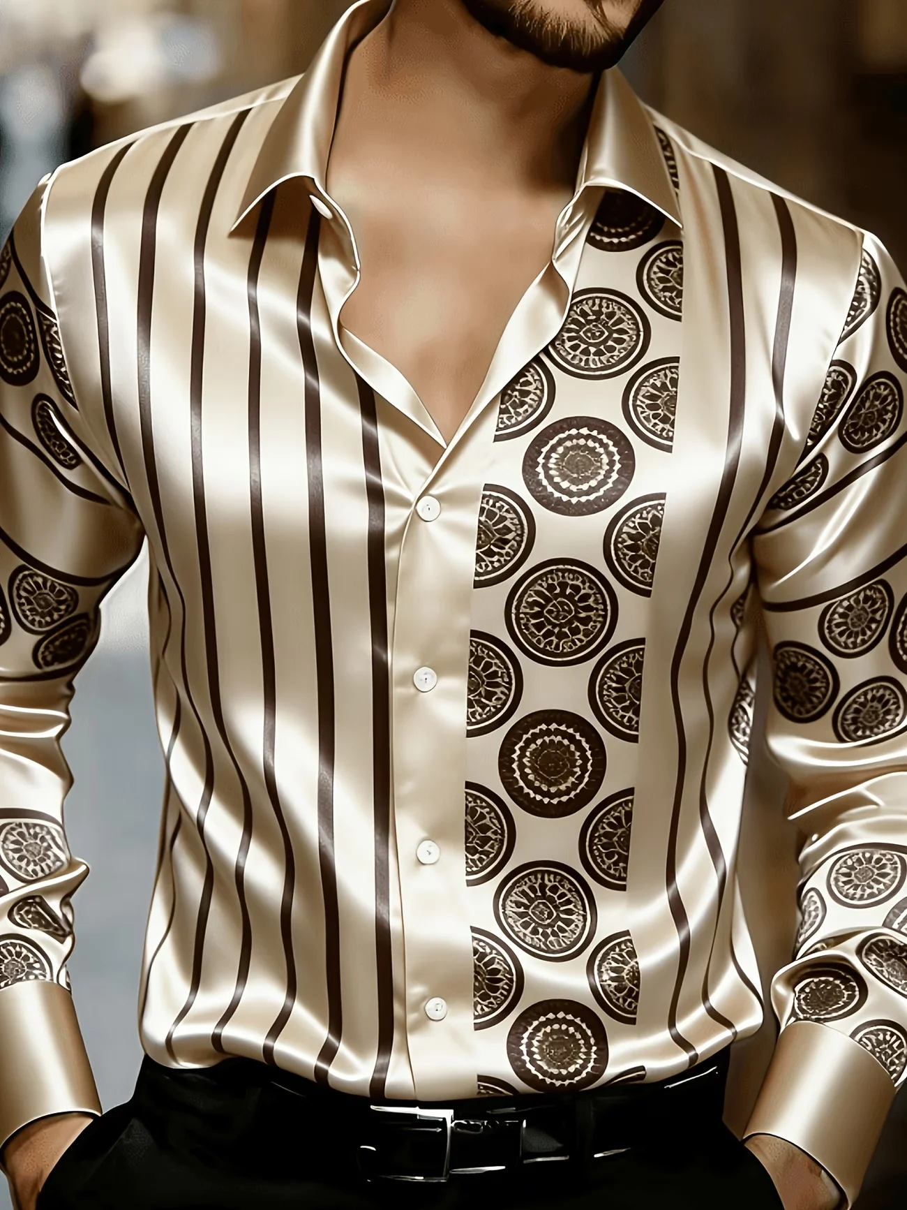 New style navy blue and white horizontal stripe retro European ethnic pattern lapel men's long sleeved shirt