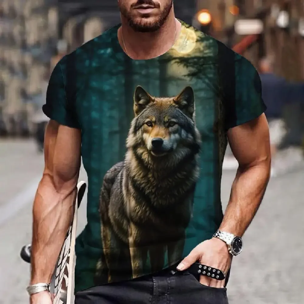Trend Street Style Men's Howling Wolf Full Moon 3D Print T-Shirt Wild Animal Graphic Short Sleeve Tee Cool Hip-hop Y2k Clothes