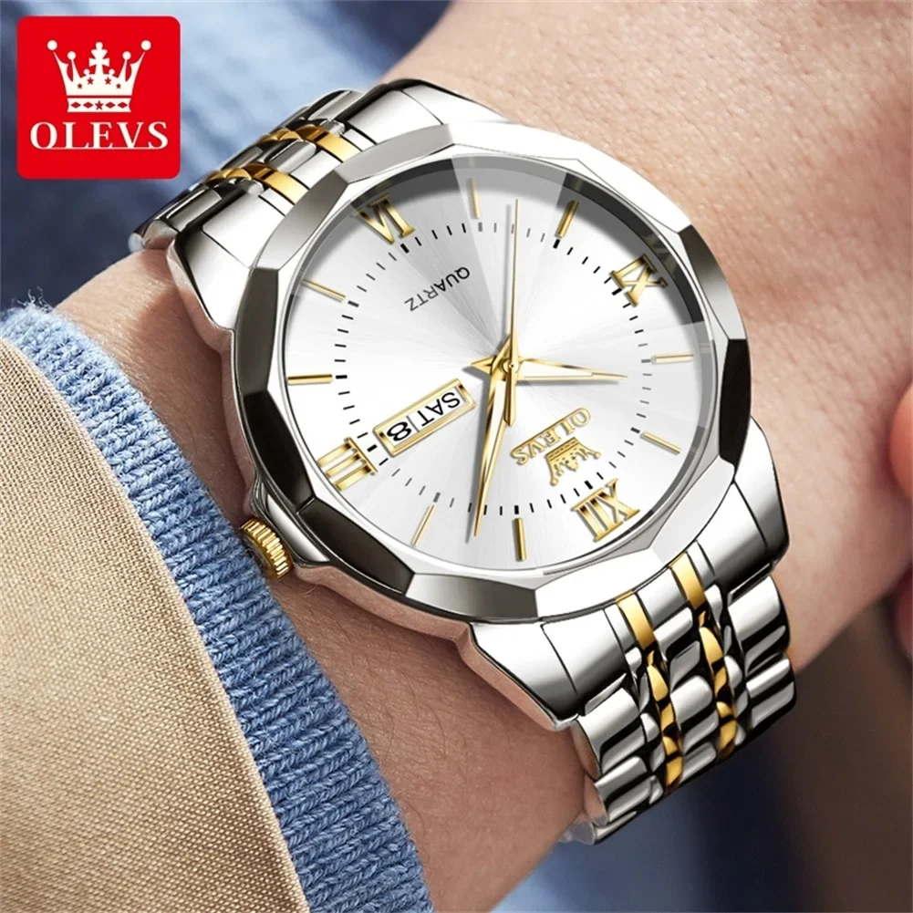 OLEVS นาฬิกาผู้ชาย9989แบบคลาสสิกกระจกปริซึมกันน้ำปฏิทินคู่นาฬิกาธุรกิจแฟชั่นหรูหรานาฬิกาข้อมือสำหรับผู้ชายควอทซ์แบรนด์หรู