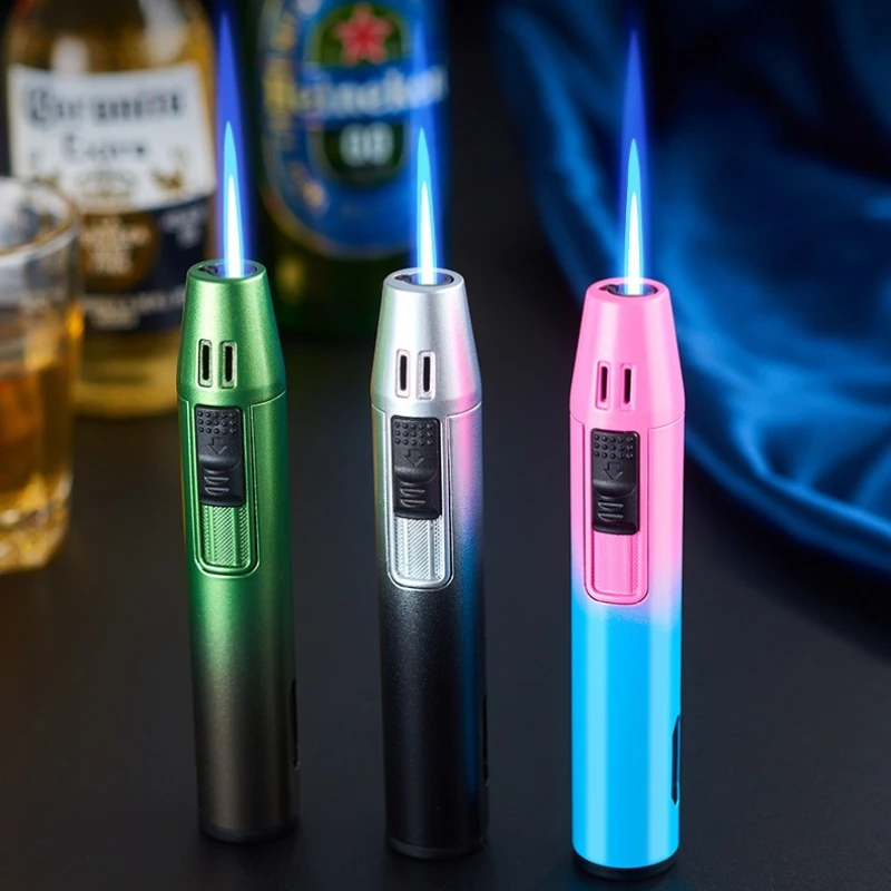 New Pen Metal Lighter Mini Spray Gun Inflatable Windproof Butane Gas Lighter Adjustable Straight Shot Blue Flame Cigarette Tools