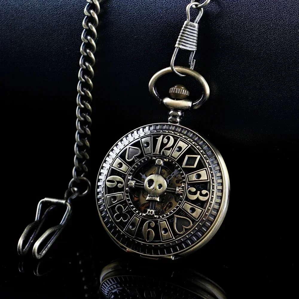 

Steampunk Bronze Hollow Poker Sign Men's Automatic Mechanical Pocket Watch Arabic Numerals Dial Retro Pendan Pocket Clock