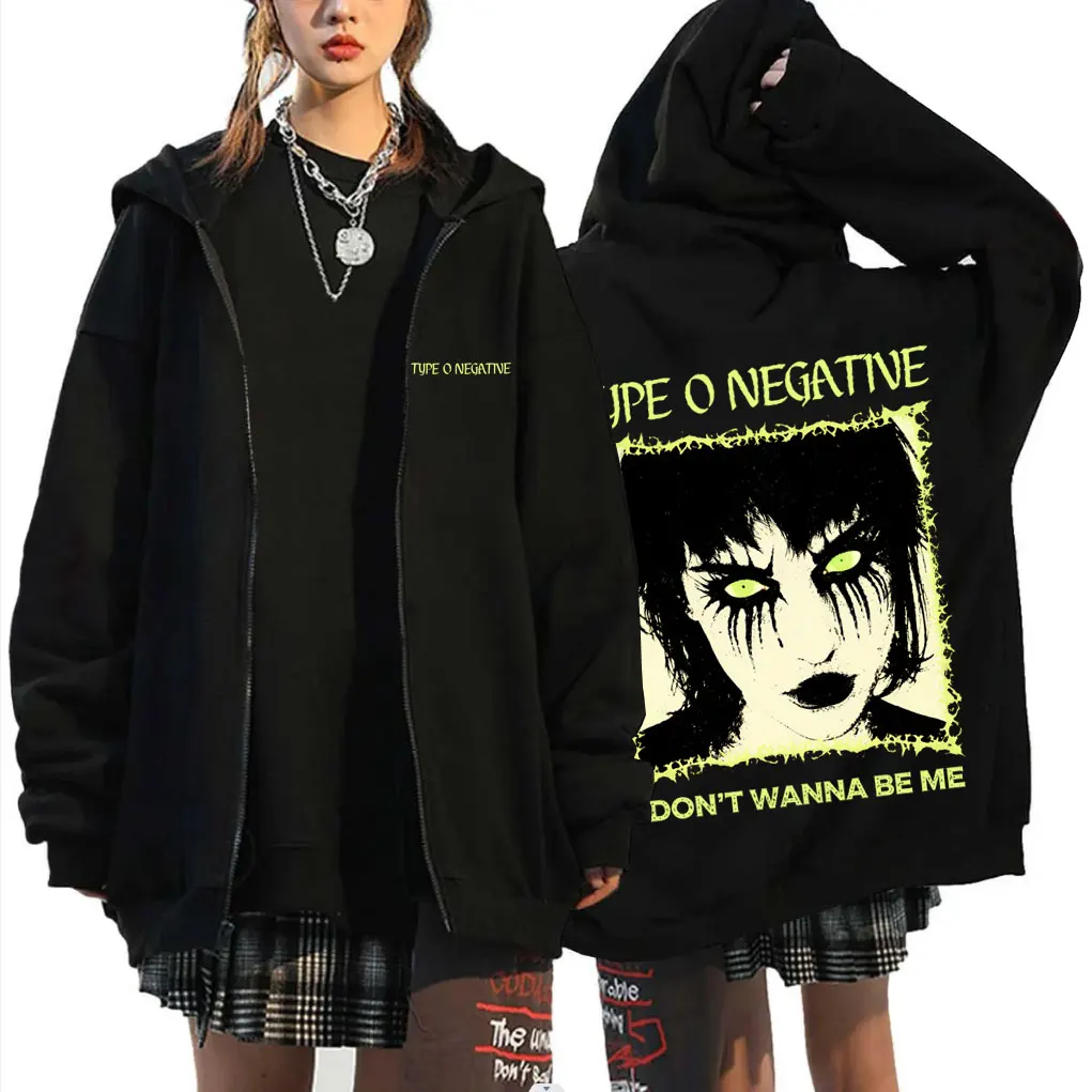 

Rock Band Type O Negative I Don't Wanna Be Me Zipper Hoodie Men Women Retro Gothic Metal Zip Up Jacket 90s Oversized Streetwear