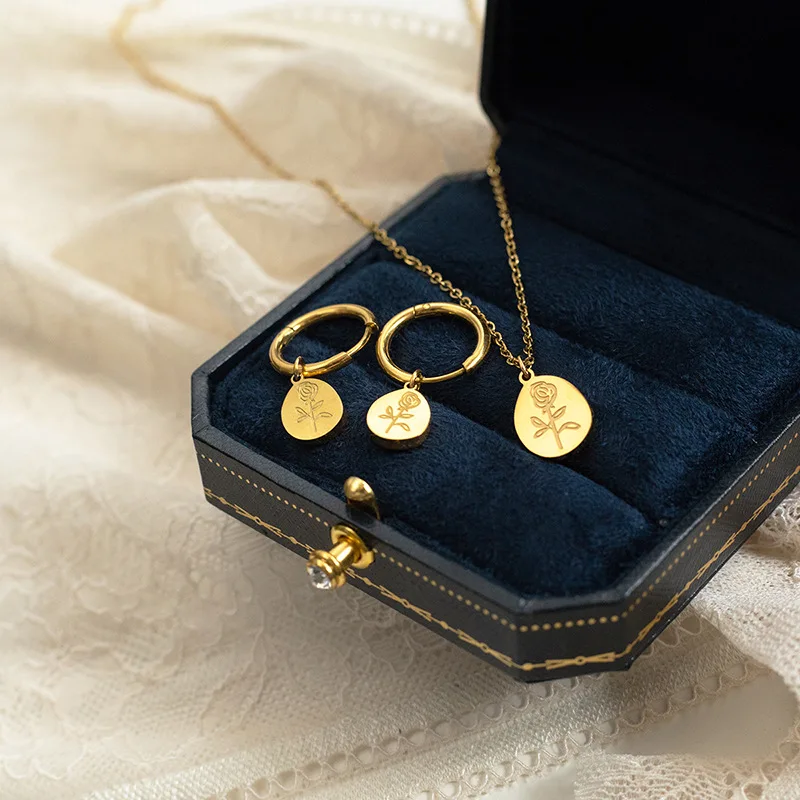 Rose Flower Earrings Gold Color Stainless Steel Earring for Women Classic Korean Rose Dangle Earrings Simple Statement Jewelry