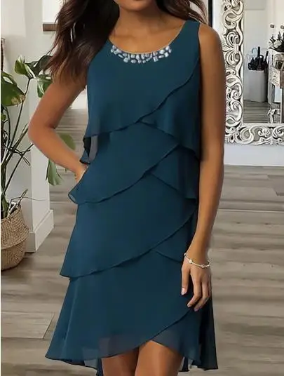 

Women s Mini Dress Stylish Rhinestone Multi-Layered Ruffles Design Sleeveless Dress for Summer Spring