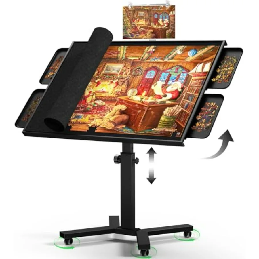 

Jigsaw Puzzle Table for Adults: Metal Frame, Wooden Board, Black, Stability Tested Ergonomic with Adjustable Height, Tilt, Draw