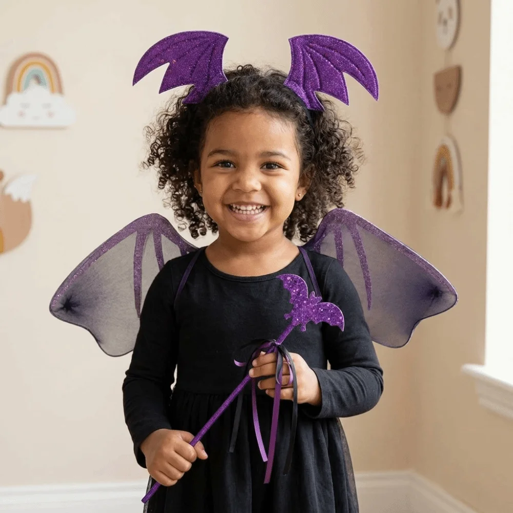 Spider Web Children Costume Set Bat Wing Headband Magic Wand Cosplay Outfit Lightweight Breathable Halloween Kids Skirt - view 3