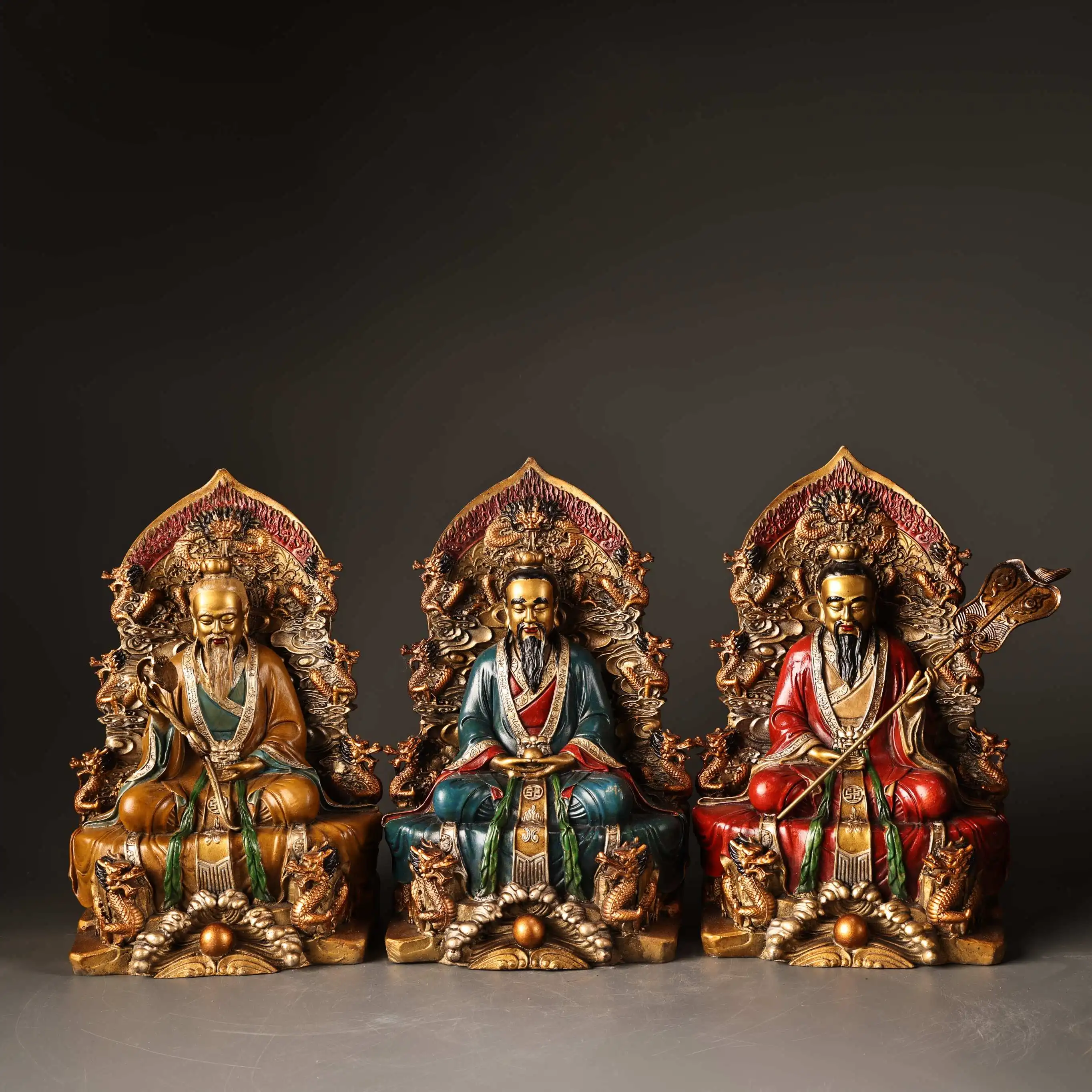 Old Bronze Painted Grandmaster Sanqing Patriarch Lord Lao Zi Taoism Ancestors Dragon patterned Buddha Platform Worship Hall