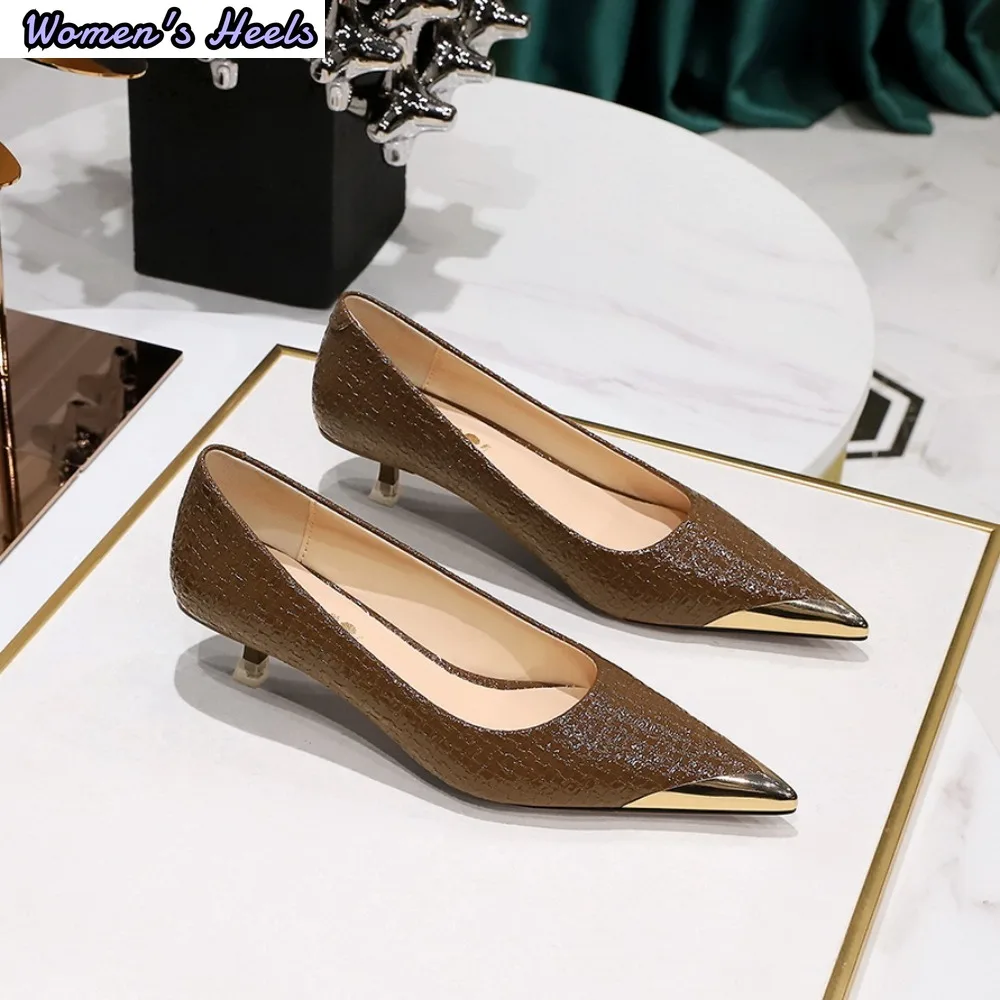 Retro Women Thin Heel Shallow Mouth Pumps Metal Pointed Toe Stilettoes Snake Pattern Metal Pointed Head Single Shoes Size 34-40