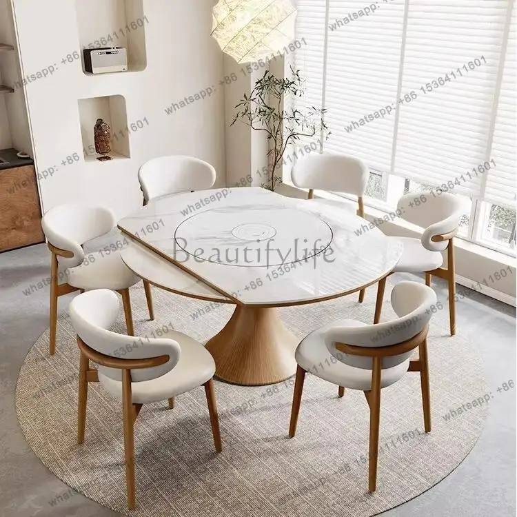 Medieval rock slab dining table 2025 new built-in induction cooker solid wood telescopic folding