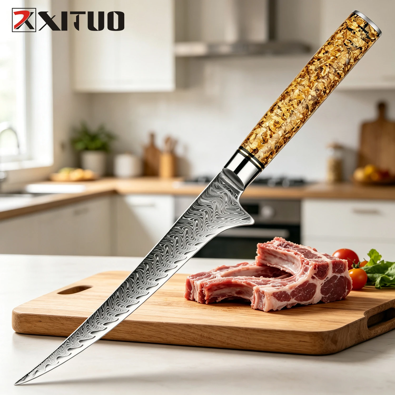 Cuchillo para deshuesar XITUO Damascus de 6 pulgadas, cuchillos VG10 para cortar carne, cuchillo flexible para filetear, cuchillos de cocina para rebanar.