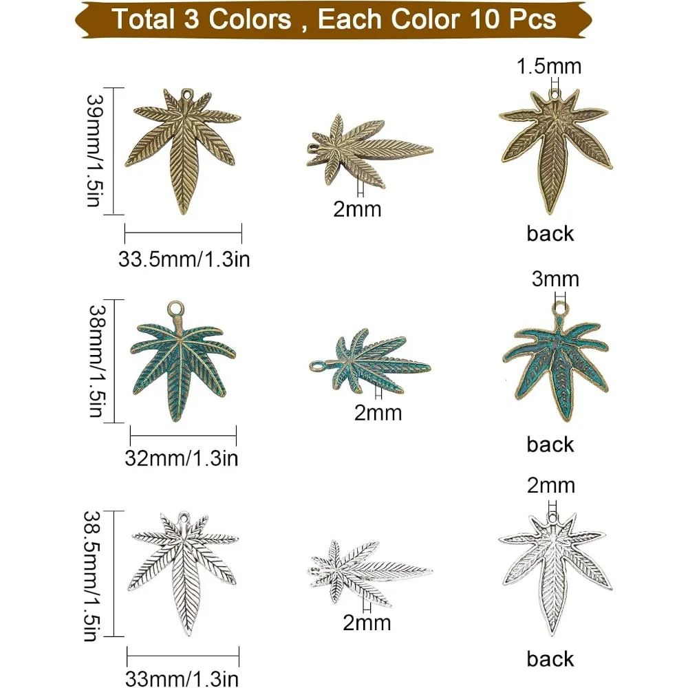 1 Box 30Pcs 3 Styles Maple Leaf Charms Maple Leaves Charm for Jewelry Making Weed Style Alloy Mental Pendants DIY