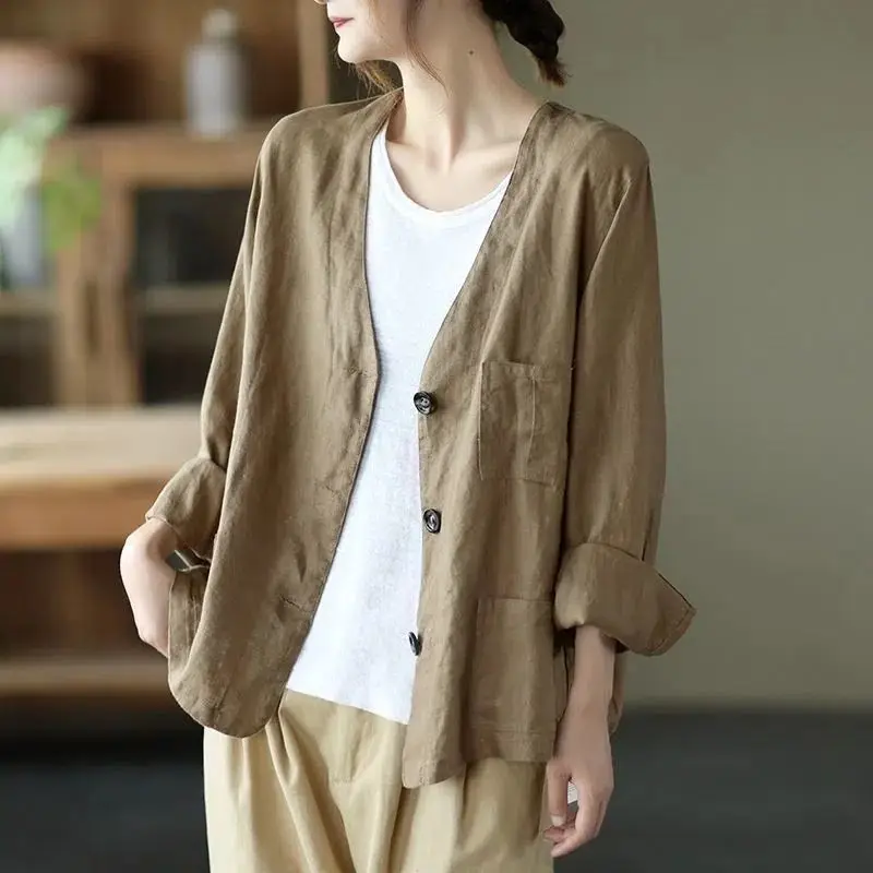 

Women's Spring Autumn V-neck Long Sleeved Cotton Linen Cardigan Fashion Casual Versatile Coats Loose Fashion Elegant Lady Tops