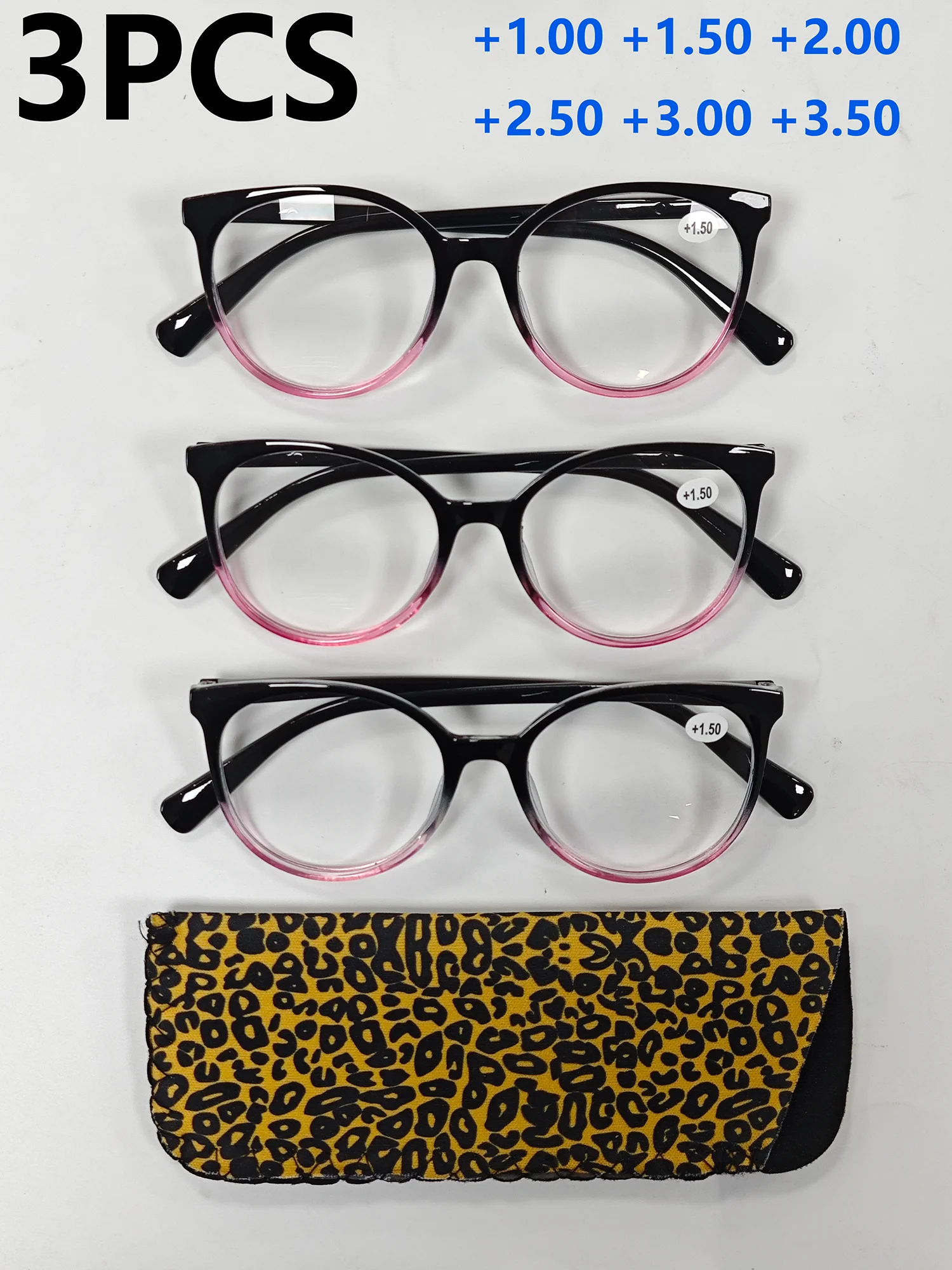 3-teilige Lesebrille mit Katzenaugenrahmen und Farbverlauf, leicht und bequem, Federscharniere, Einheitsgröße, alle Kopfumfang