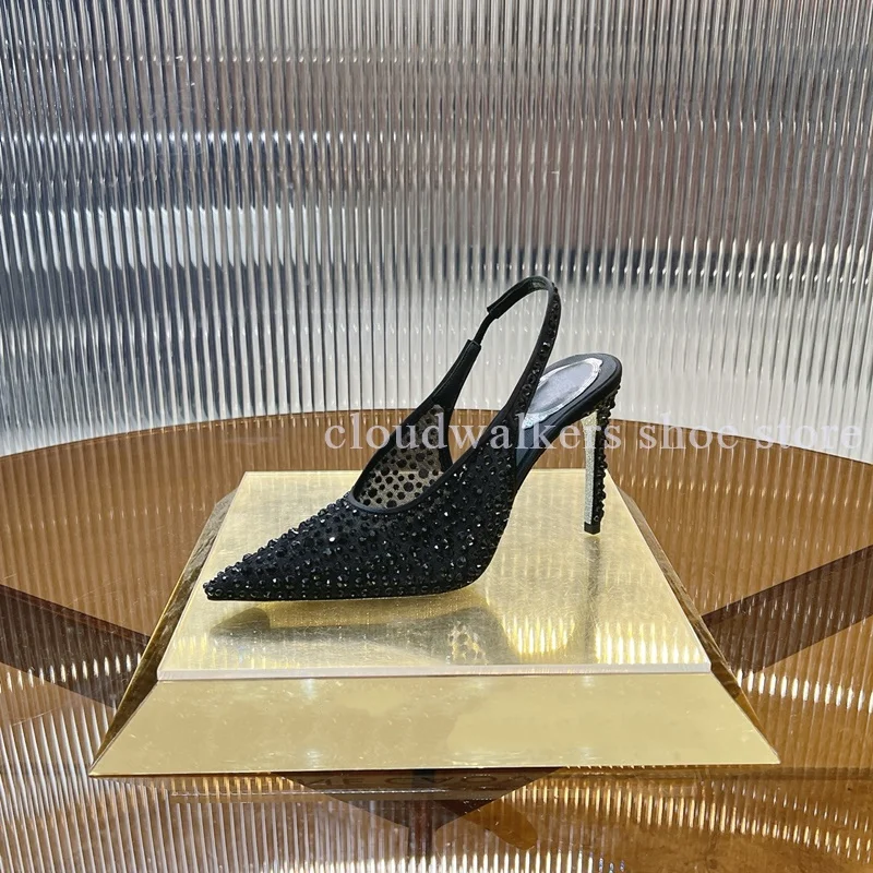 Gorgeous Sparkling Crystal Diamonds Inlaid Silk Mesh Sandal Point Toe Slingback Stiletto Wedding Shoes Fashion Back Strap Sandal