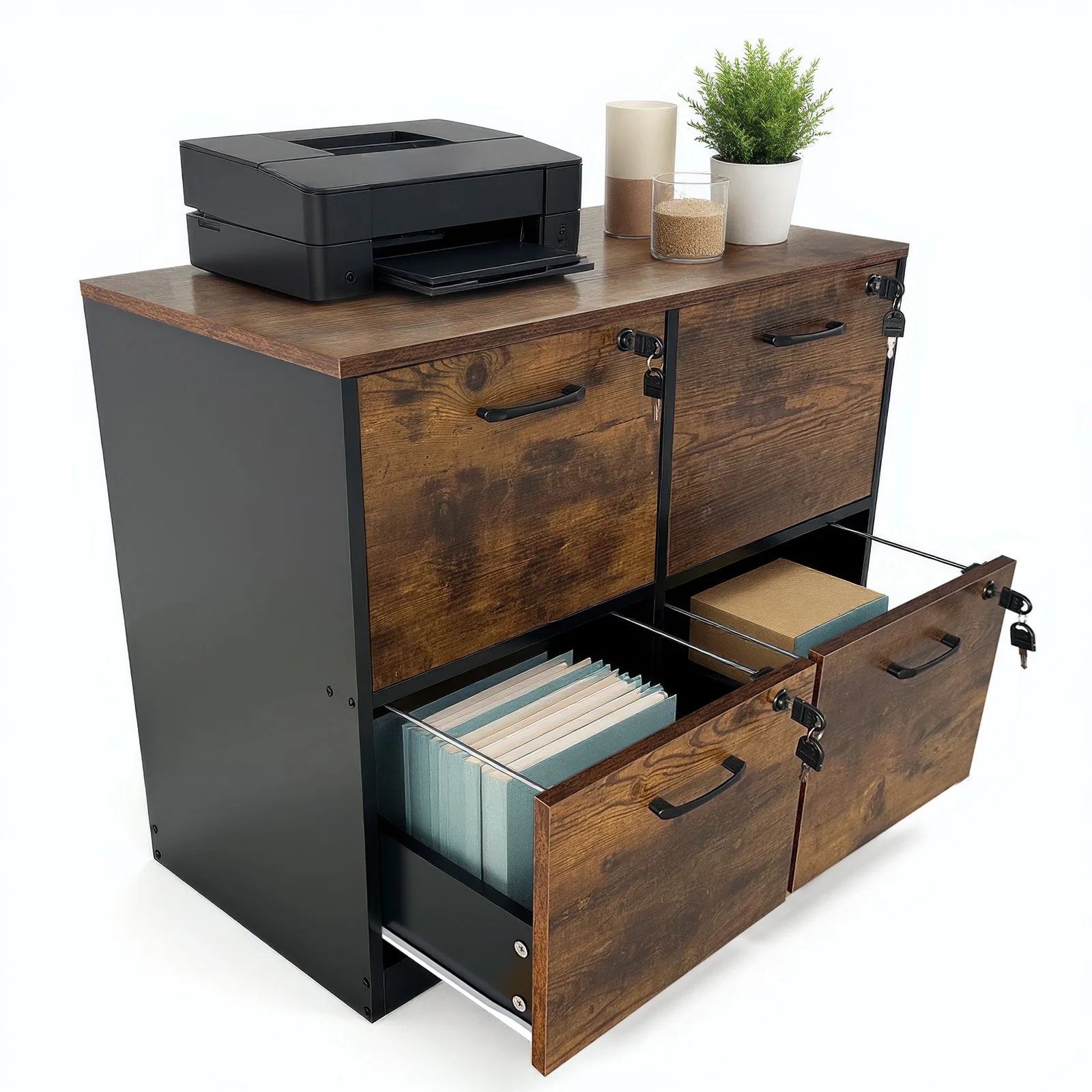 4 Drawer File Cabinet with Lock, Wooden Locked File Cabinets Printer Stand for Home Office, Lockable Filing Cabinet for Letter/A4 Size Files, Rustic Brown and Black
