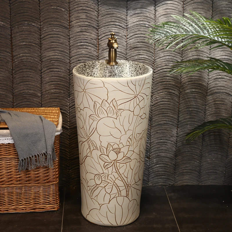 Balcony ceramic pillar style washbasin, white lotus carved pillar integrated floor standing washbasin