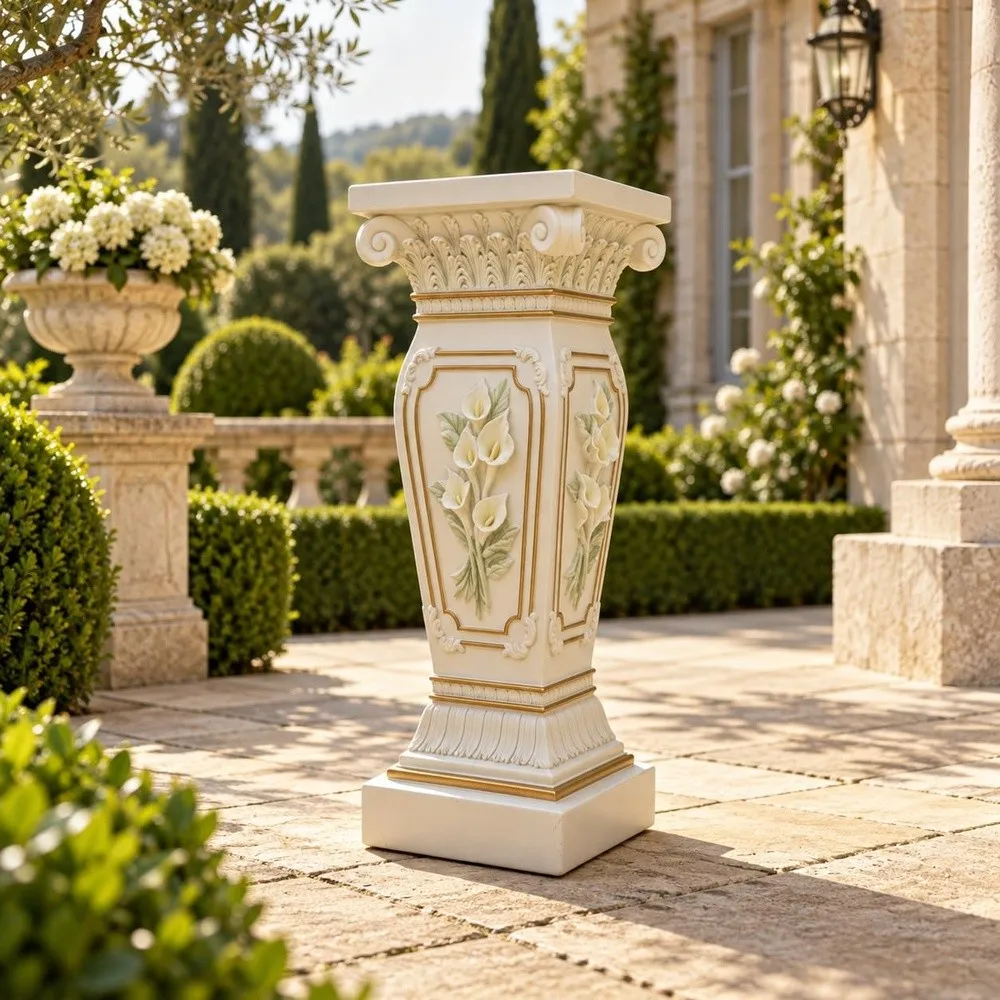 Floral Roman Column Pedestal Resin Decorative Display Stand White 22.06 in Tall