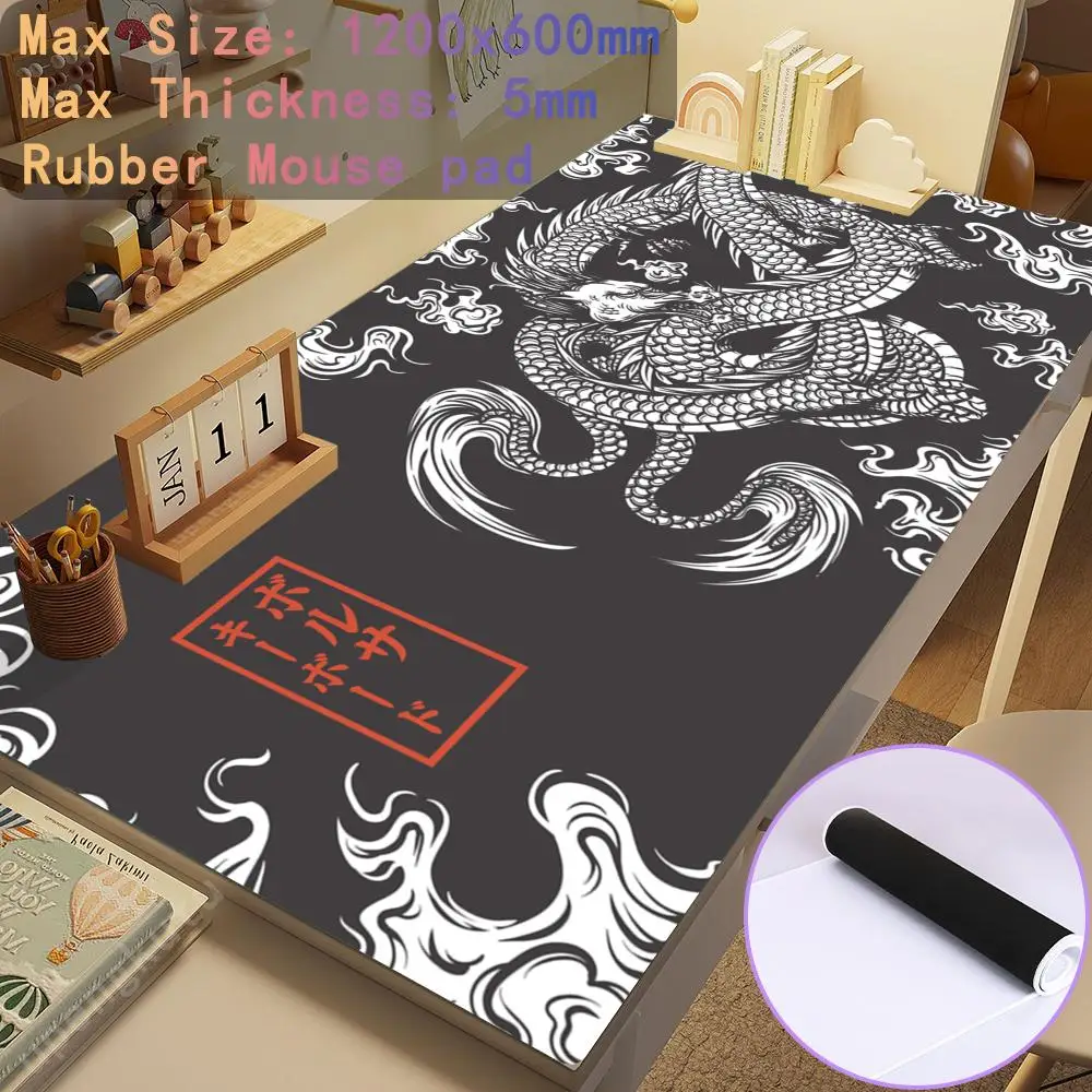 Xxl Black Mousepad 1200x600mm Gaming Mousepad Japanese Dragon Large Mouse Mat Big Rubber Base Mouse Pad Art Deskpad Eyboard Mats