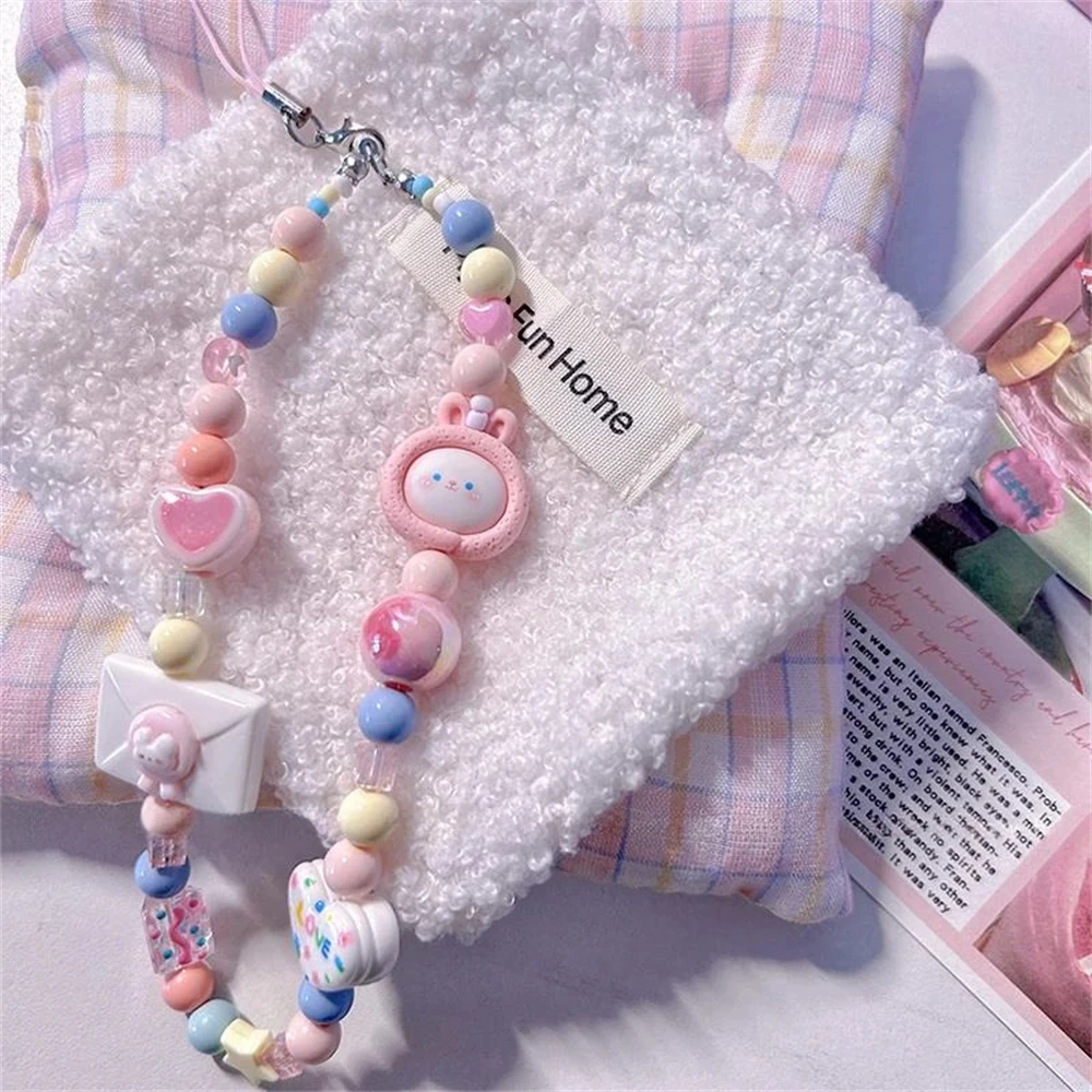 Korea Cute Pink Rabbit Love Heart Star Beaded Phone Chain Charm Lanyard For iPhone Hanging Rope Girls Jewelry Pendant Decoration