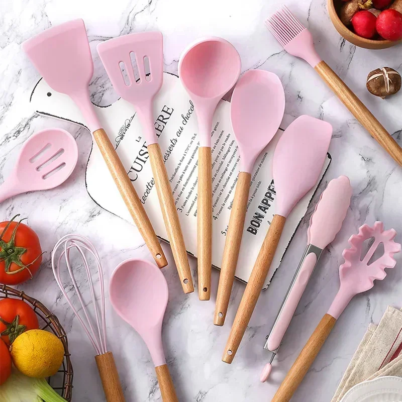 

11/12 Pcs Set Silicone Cooking Kitchen Utensils Set Non-Stick Cookware Spatula Shovel Soup Spoon Wood Handle Cooking Accessories