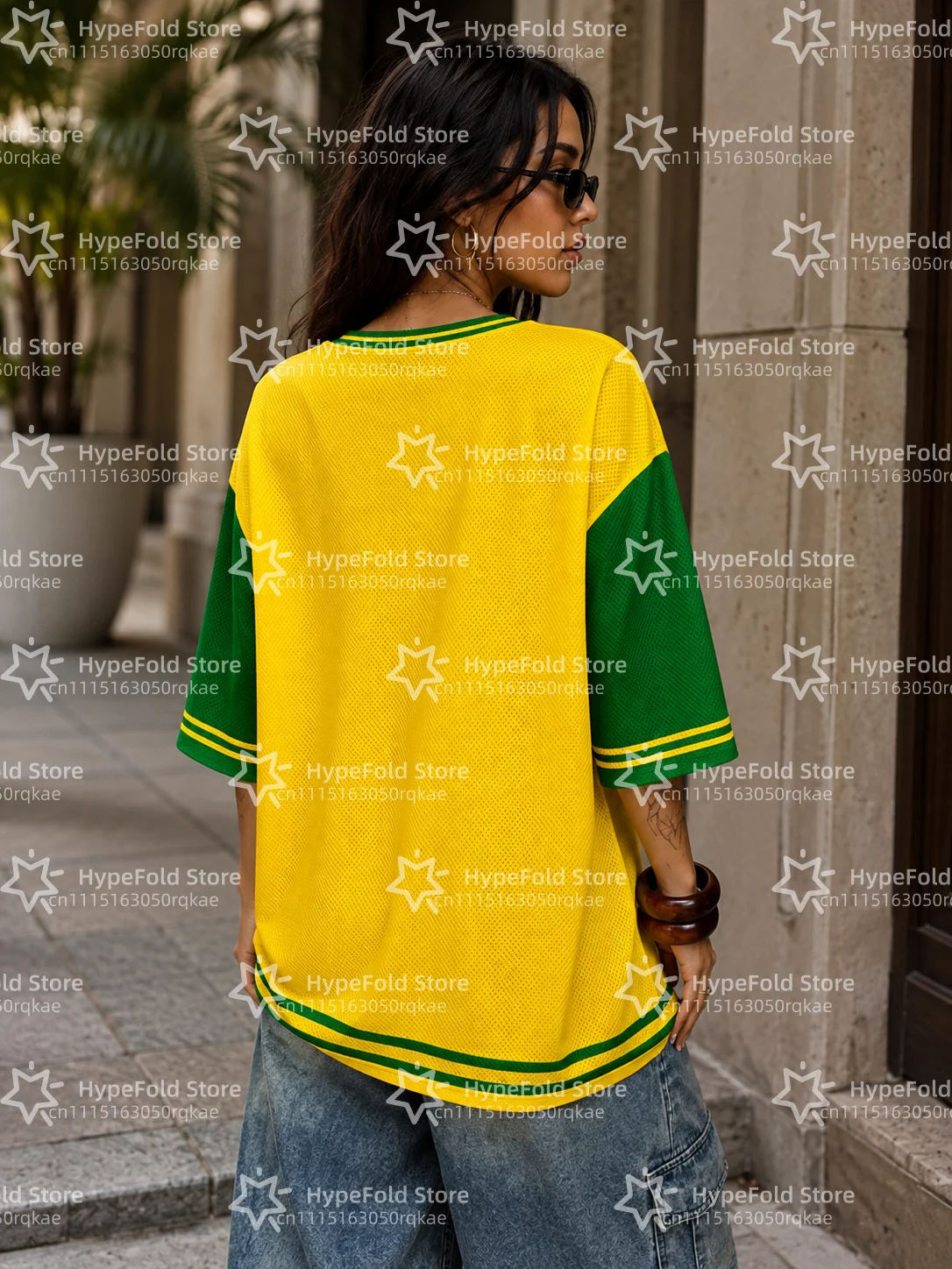 Summer New Brazil Print T Shirt For Women V-Neck Patchwork Short Sleeve Sports Football Jersey Y2K Loose Oversized Vintage Tops