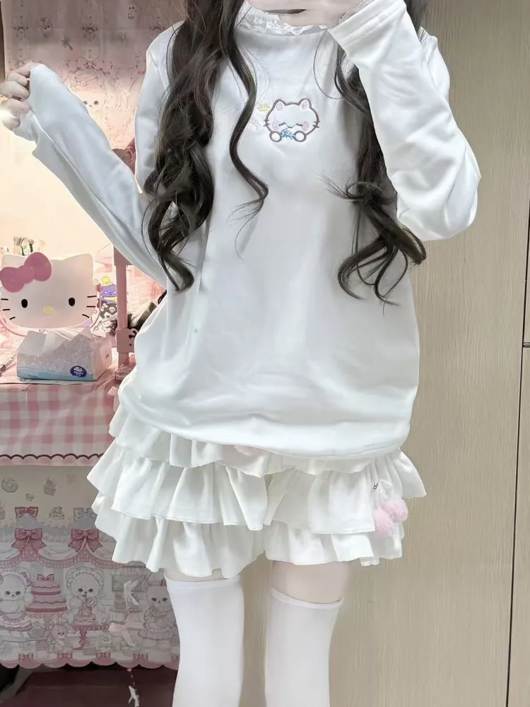 HOUZHOU Kawaii Cuteore Sweet Hoodies Women Japanese Y2k Harajuku Lace Patchwork Cartoon Embroidery Slim Sweatshirt Soft Girl