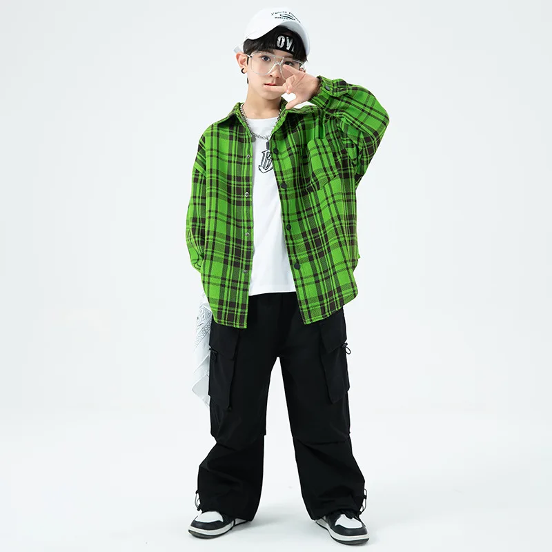 New Hip Hop Teen Girls Plaid Shirt Loose Pants Boys Blouse Street Dance Wear Clothes Sets Kids Streetwear Children Jazz Costumes