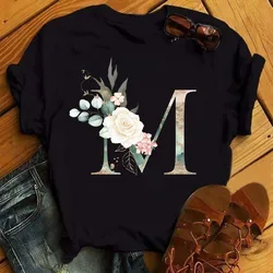 025 Watercolor Blush Rose Gold Pink Peach Alphabet Floral Letters Print Women T-shirt Summer Short Sleeve Tops Black T-shirt