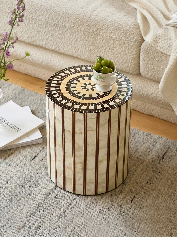 Furniture Handmade Shell Vertical Stripe Round Coffee Table Luxury Home Living Room Sofa Corner Tables Balcony Seating Pier Seat