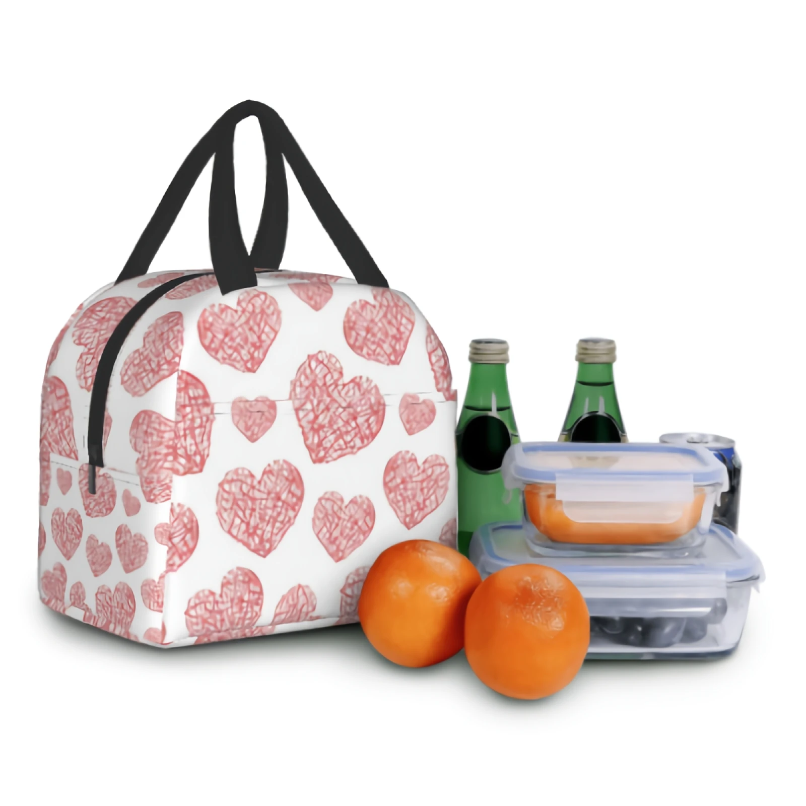 Reusable Insulated Lunch Bag for Women Men Leakproof Cooler Tote Bag Red Love Heart Freezable Lunch Box for Work Picnic Beach