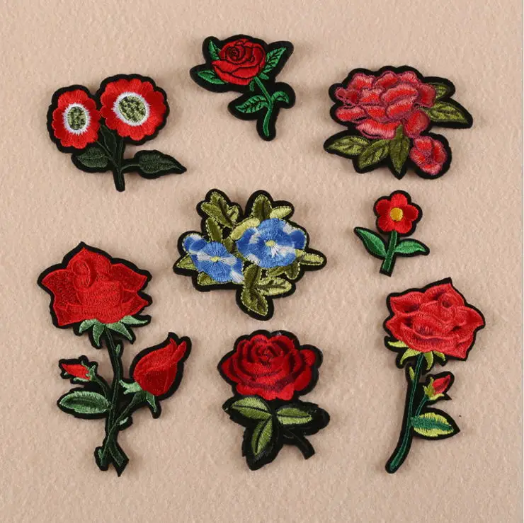 2017 New Patch 10 pcs Red Flowers Embroidered patches iron on cartoon Motif Applique hat bag shoe phone decor repair accessory