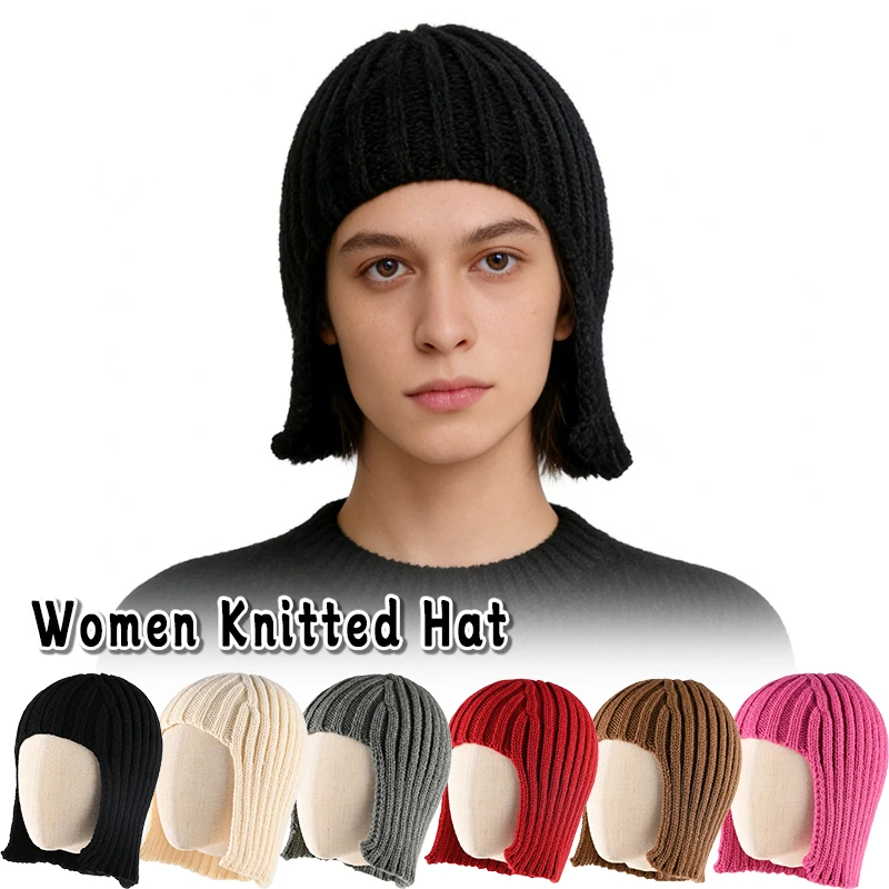 

Autumn Winter Solid Color Knitted Beanie Hat for Women Fashion Hair Styling Travel Warm Wool Yarn Ear Protection Overhead Cap