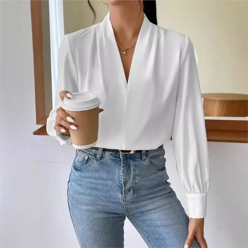 Elegant Women\'s Spring And Autumn Long Sleeved Shirt V-neck Solid Color Loose Blouse Top 2024 Fashionable Office Casual Shirt