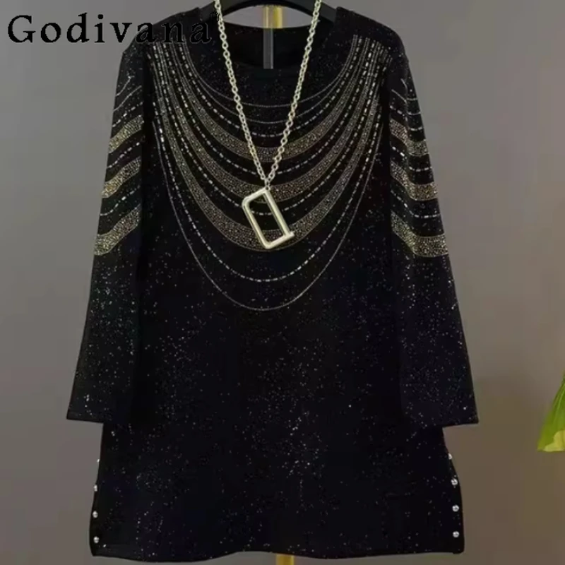 

Autumn Winter New Large Size Girl Black Hot Diamond Crew Neck Top Fashion Versatile Loose Velvet Korean Long Sleeve Sweatershirt