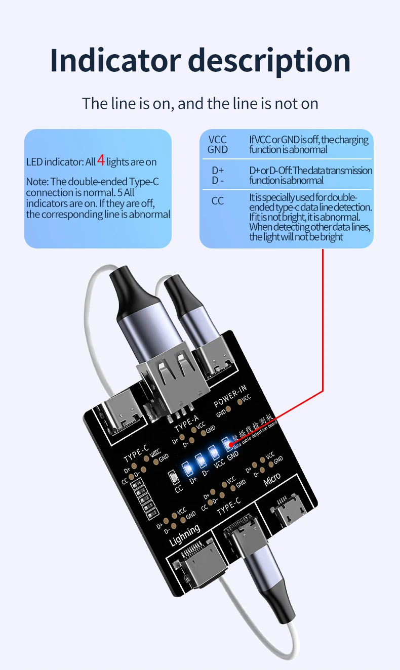 Cabo de Dados Detector Board, USB Cable Tester, Short Circuit On-Off Switching Test, Ferramenta para iOS, Android, Type-C Test Board, DT3