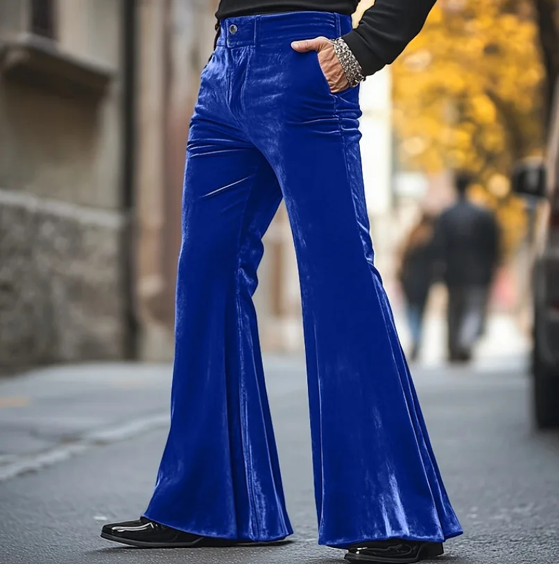 Men's flared trousers. Made of soft velvet, suitable for daily wear, with a fashionable street-style design for dress pants.