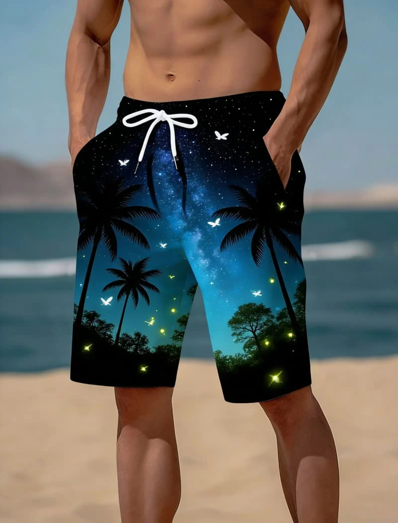 

Мужские уникальные пляжные шорты с тропическим принтом - повседневные шорты с принтом звездного неба, подводных вулканов и парусников для повседневной летней носки