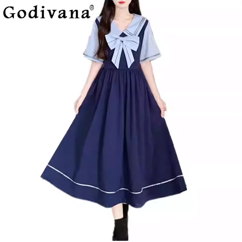 الصيف حجم كبير الحلو القوس البحرية طوق الحد من العمر فستان طويل كلية قصيرة الأكمام الربط وهمية اثنين فساتين اليابانية لطيف #1