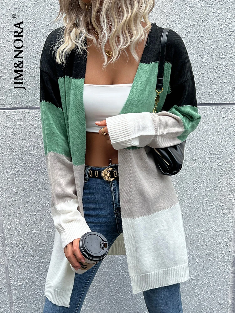 JIM & NORA Women Long Sleeve Patchwork Soild Colour Long Knit Sweater Cardigan Loose Casual Autumn Warm Coat Fashion Tops Ladies