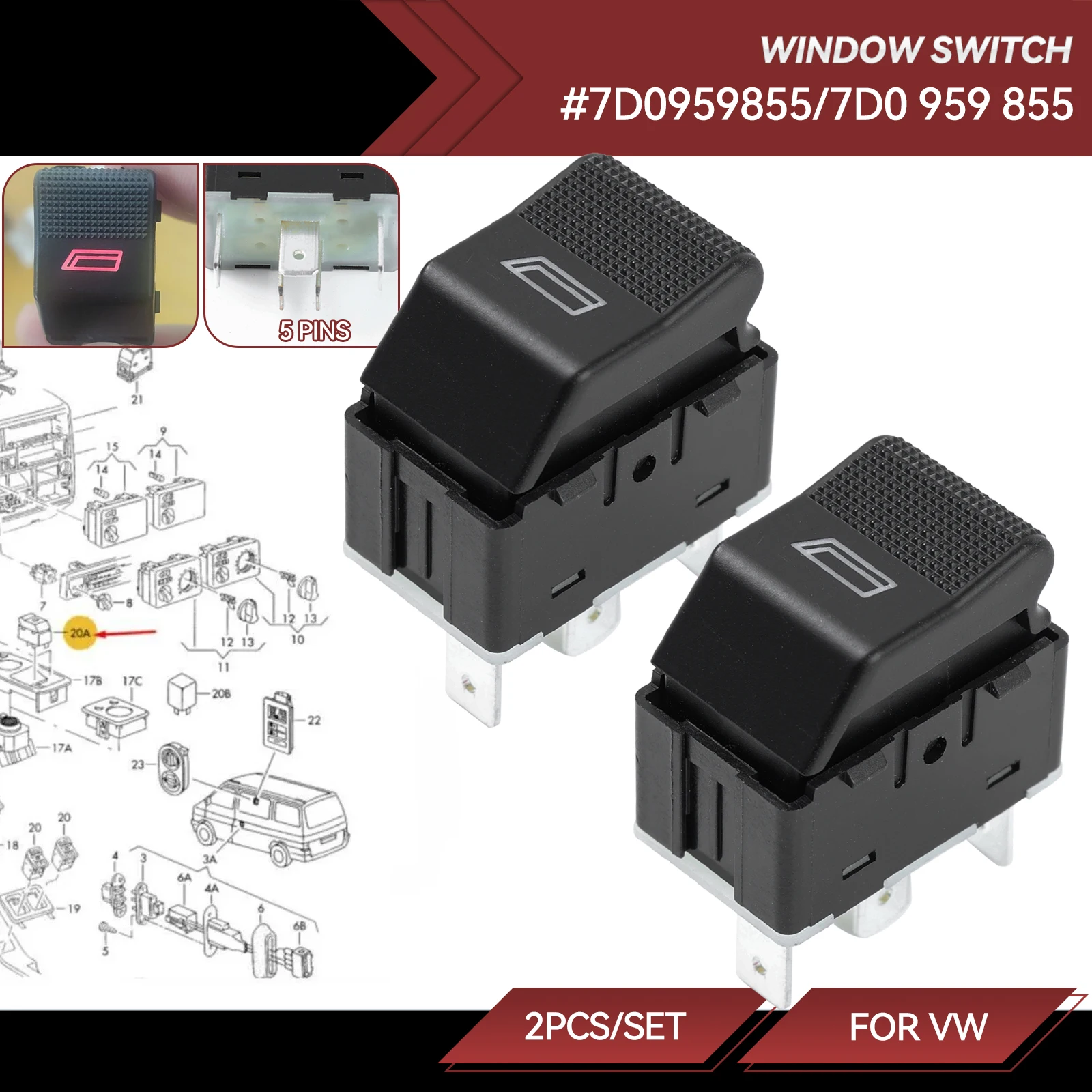 

2 шт. автомобильные аксессуары, электрический переключатель управления стеклоподъемником для Volkswagen VW Transporter T4 7D 0959855 7D0 959 855