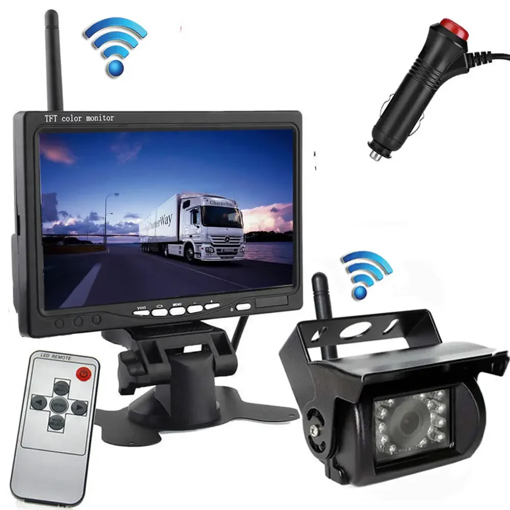 

QueenDer 7" Monitor Wireless 18LED Rear View Backup Camera Kit for Truck Trailer Bus RV Reverse