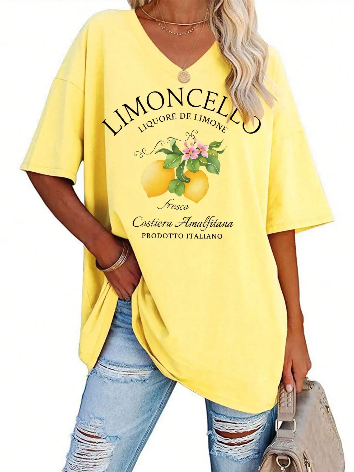 Yellow V-Neck Oversized T-Shirt with Lemon Print and Italian Script