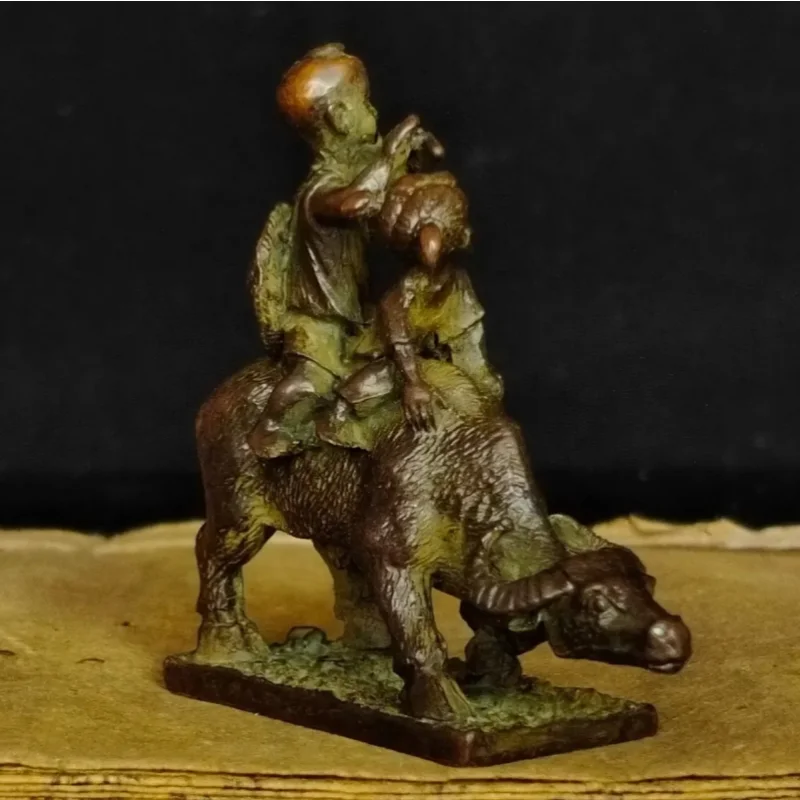 Old Chinese Pure Brass Copper Fengshui Two Kid Boy Child Bull Oxen Wealth Statue