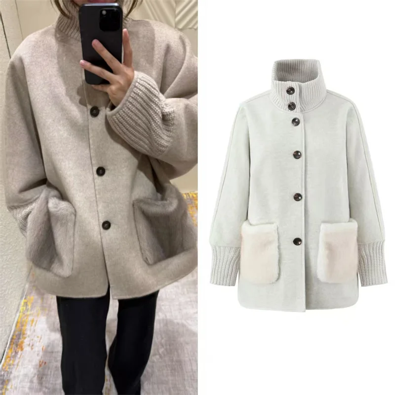 

Women's Jacket 2025 Winter New Beige Long-Sleeve Stand Collar Knitted Patchwork Mid-Length Cardigan Jacket Casual Fashion