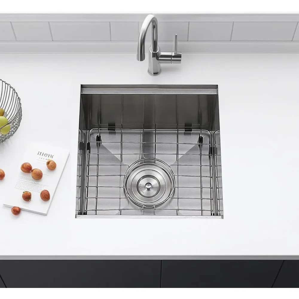 Fregadero de barra bajo montaje de acero inoxidable de 15x15 pulgadas, estación de trabajo de fregadero de preparación pequeña para cocina y RV, diseño de caída de calibre 16