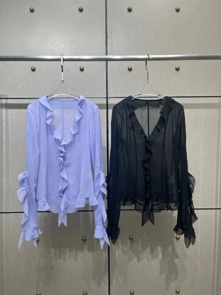 2024SS Summer Sexy New Women Sheer Ruffles Long Sleeve V Neck Shirt Blouse for Female 2 Color